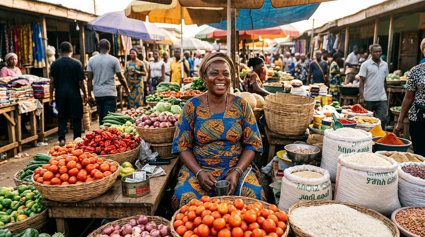 Nigerian market entrepreneur smiling proudly in her stall