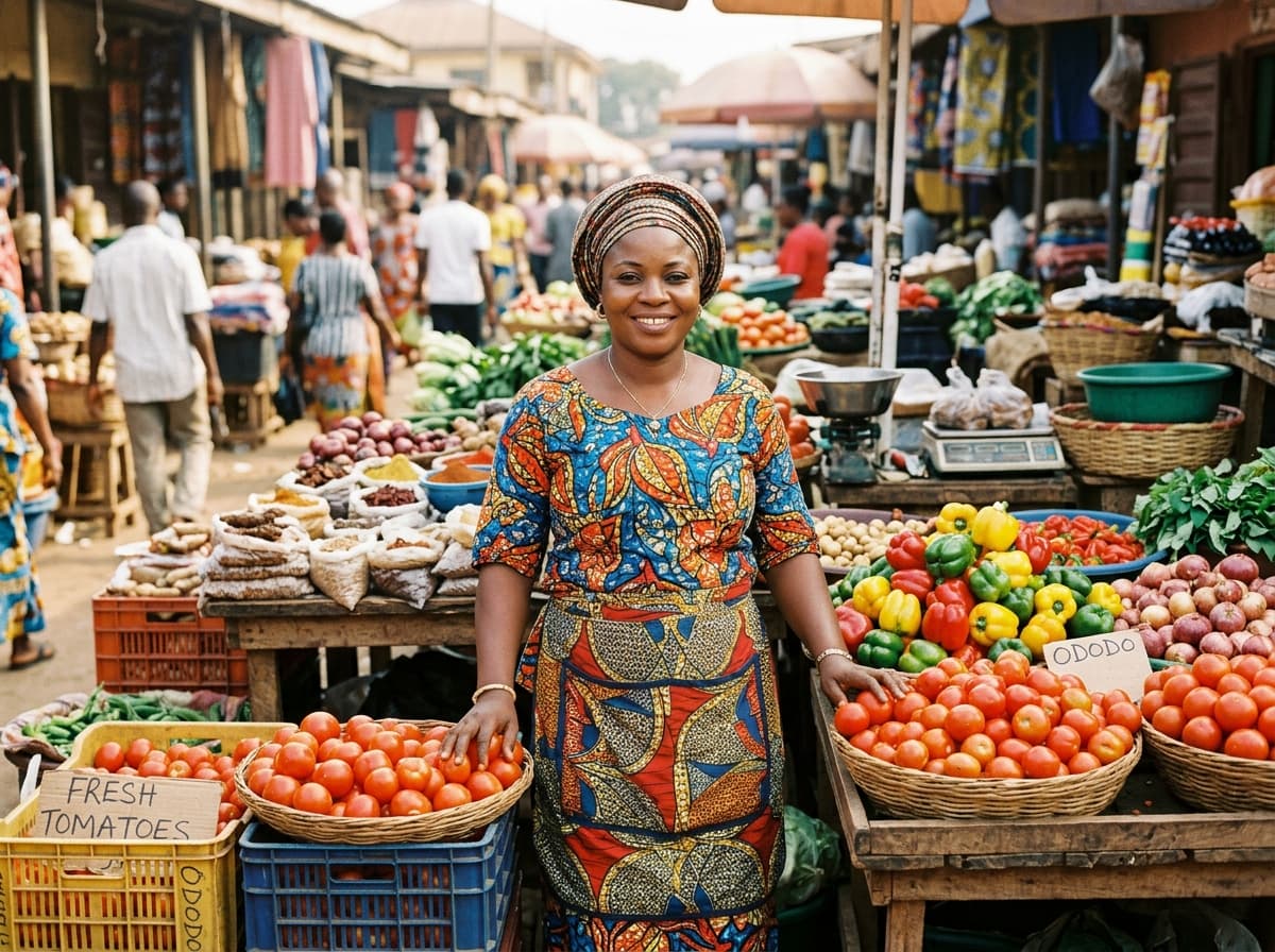 Nigerian woman market trader smiling proudly in her vibrant business stall in Oyo State
