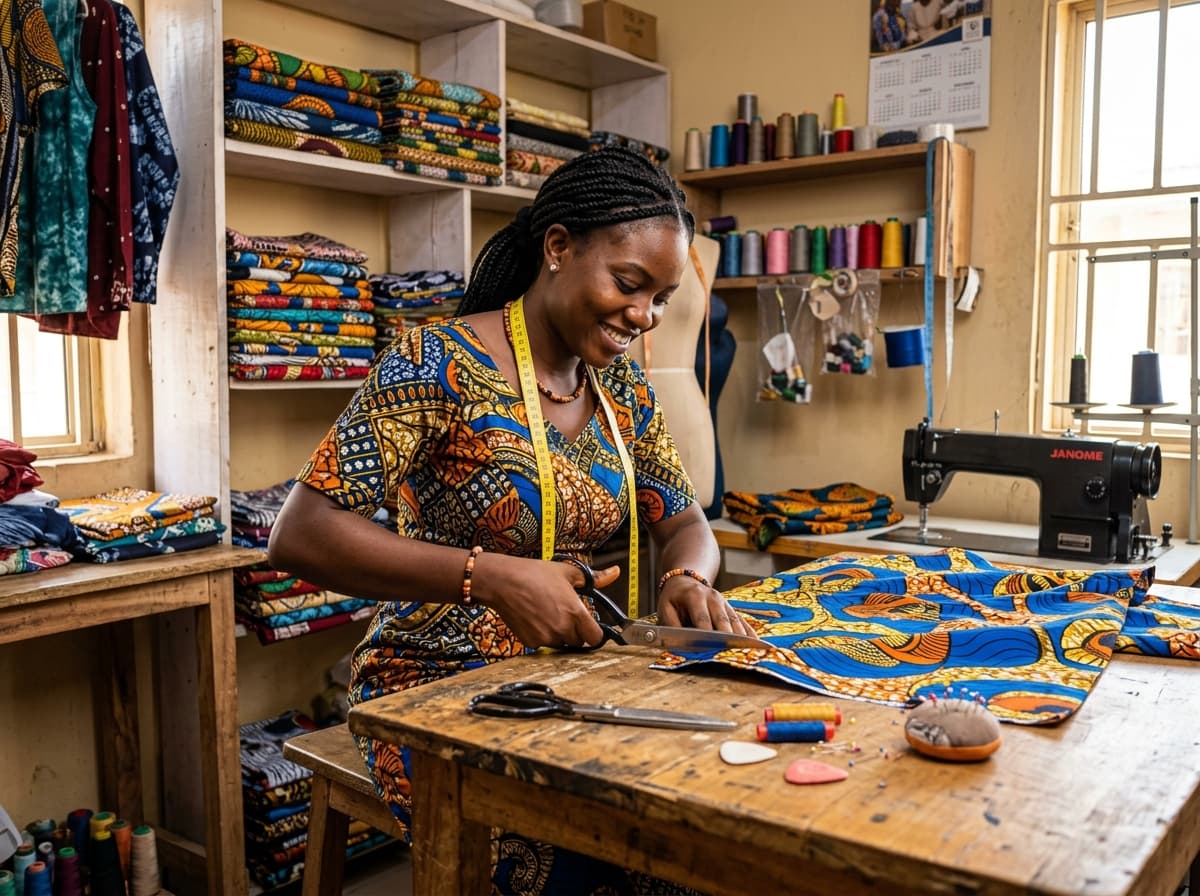 Nigerian female tailor and entrepreneur working carefully at her sewing worktable